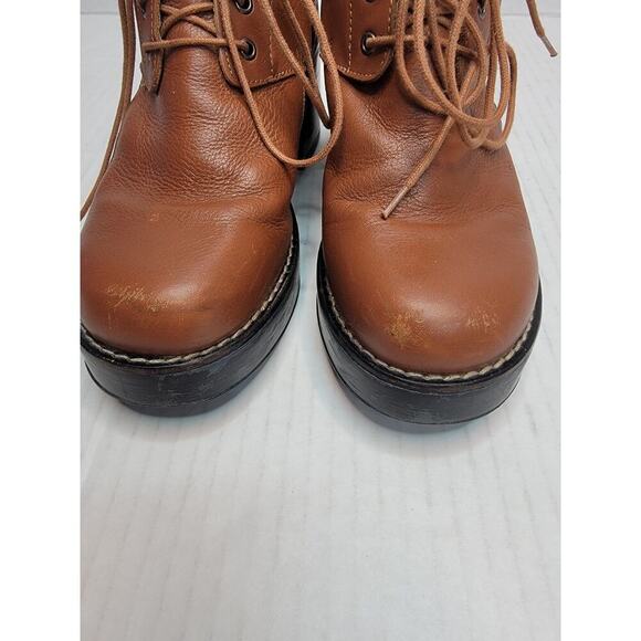 TopShop Booties Sz. 37 6.5 Chunky Heel Cutout Ankle Boots Leather Tan Lace Up - Picture 4 of 11